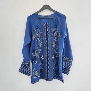 Johnny Was Lauren Sapphire Blue Bohemian Floral Embroidery Long Sleeve Blouse